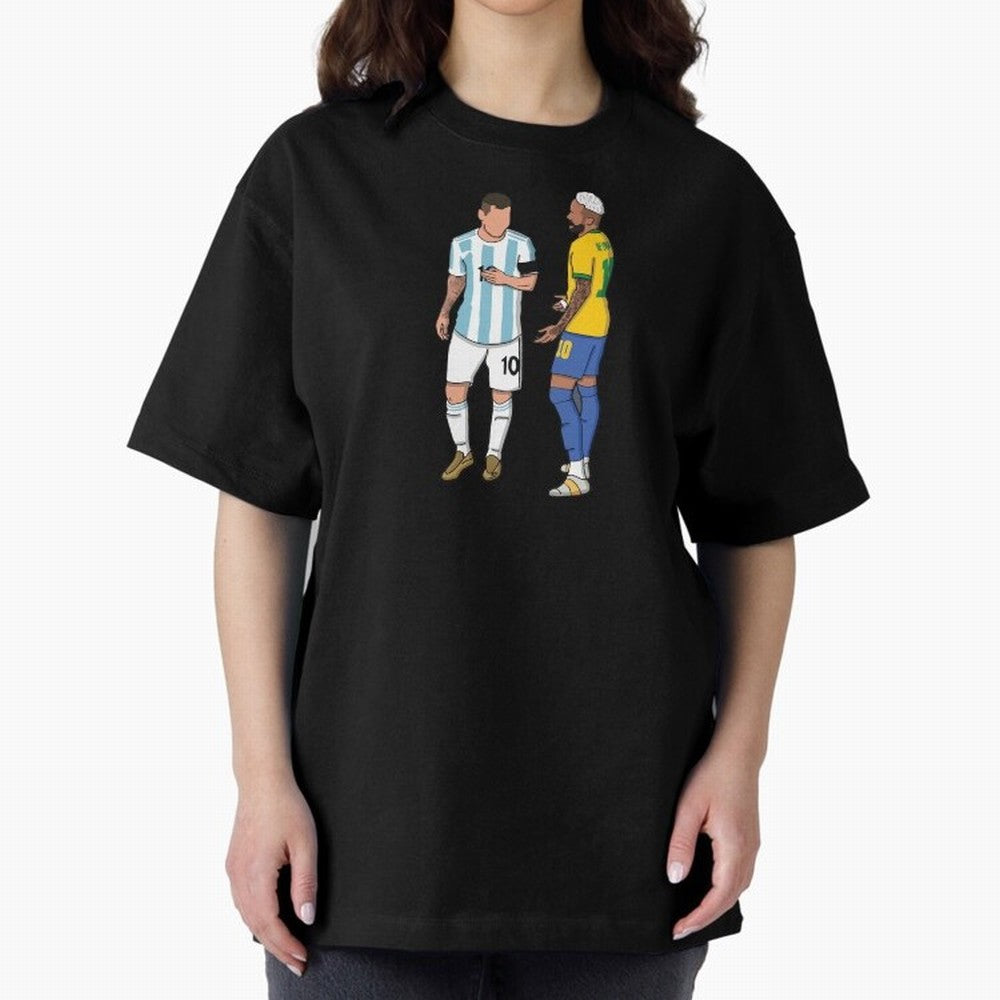 Messi and Neymar Chit Chat Illustration Oversized T-Shirt Join Supporters Worldwide for FIFA World Cup 2026 for Fans of Messi and Argentina, France and Brazil, Bringing Match Day Excitement, Supporter Culture, Golden Goals and Global Football