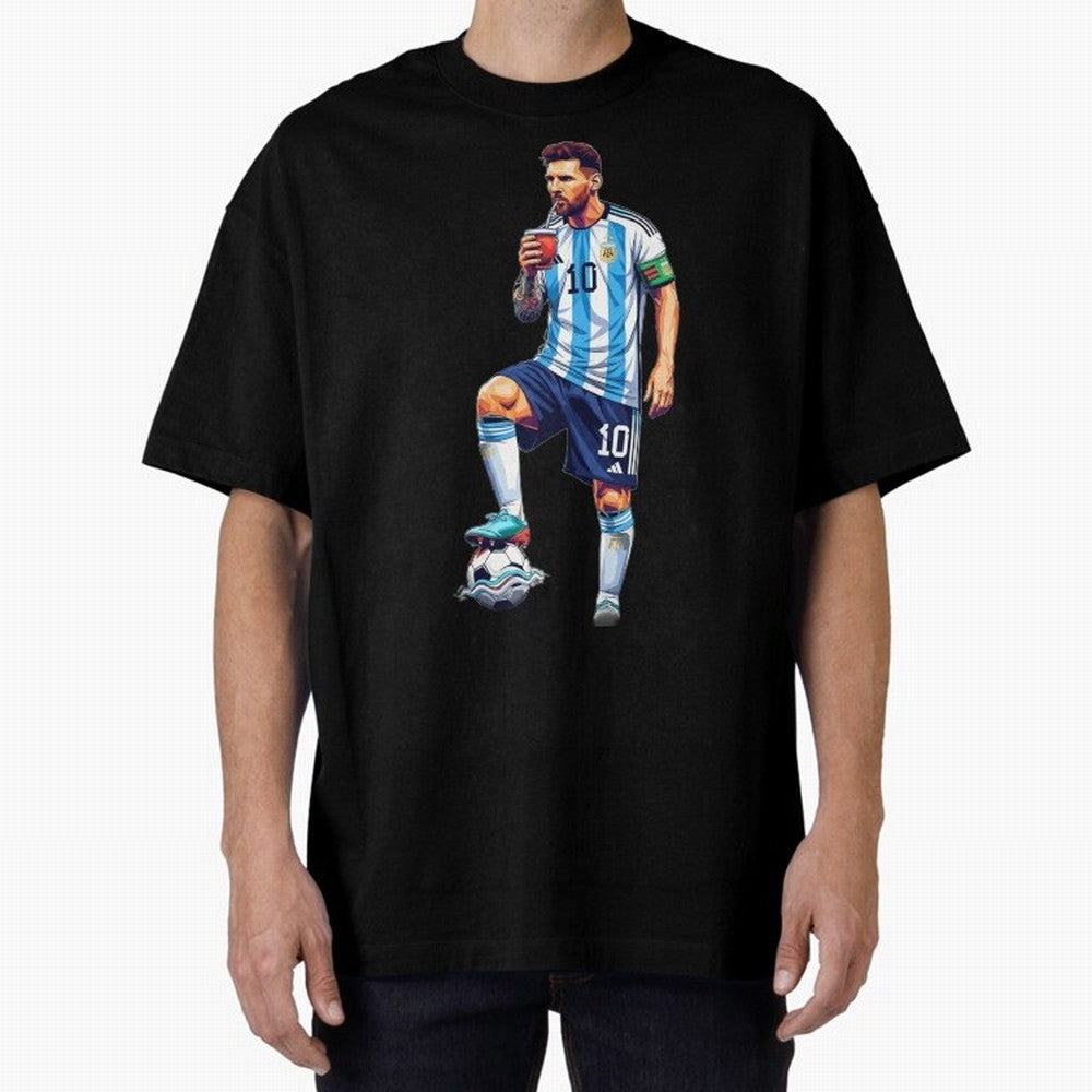 Messi in an illustrated style drinking mate ¨C The Goat Phone Case design Classic T-Shirt Stand with Match Day Hype around FIFA World Cup 2026, Messi, CR7 and Mbappe, Brazil, Portugal and Argentina, Match Day Excitement, Supporter Culture, Golden