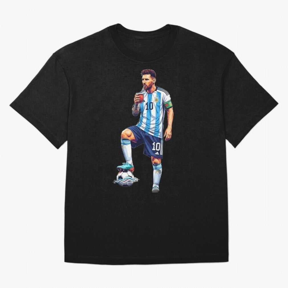 Messi in an illustrated style drinking mate ¨C The Goat Phone Case design Classic T-Shirt Stand with Match Day Hype around FIFA World Cup 2026, Messi, CR7 and Mbappe, Brazil, Portugal and Argentina, Match Day Excitement, Supporter Culture, Golden