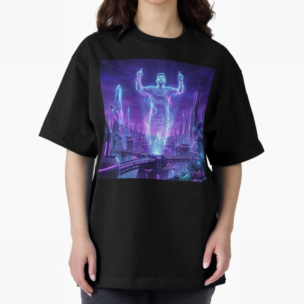 Lionel Messi (GOAT) Hologram in Futuristic Cyberpunk City (Version 2) Classic T-Shirt Honor Football Greatness during FIFA World Cup 2026 Group Stage Spirit, Celebrating Netherlands, CR7, Vintage Soccer Flavor, Modern Football Stars, National Flags