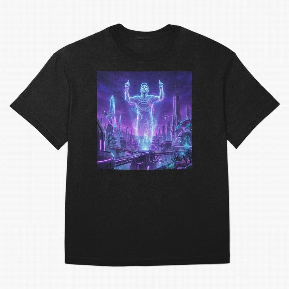 Lionel Messi (GOAT) Hologram in Futuristic Cyberpunk City (Version 2) Classic T-Shirt Honor Football Greatness during FIFA World Cup 2026 Group Stage Spirit, Celebrating Netherlands, CR7, Vintage Soccer Flavor, Modern Football Stars, National Flags