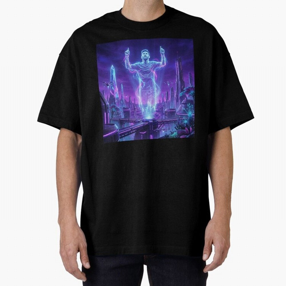 Lionel Messi (GOAT) Hologram in Futuristic Cyberpunk City (Version 2) Classic T-Shirt Honor Football Greatness during FIFA World Cup 2026 Group Stage Spirit, Celebrating Netherlands, CR7, Vintage Soccer Flavor, Modern Football Stars, National Flags