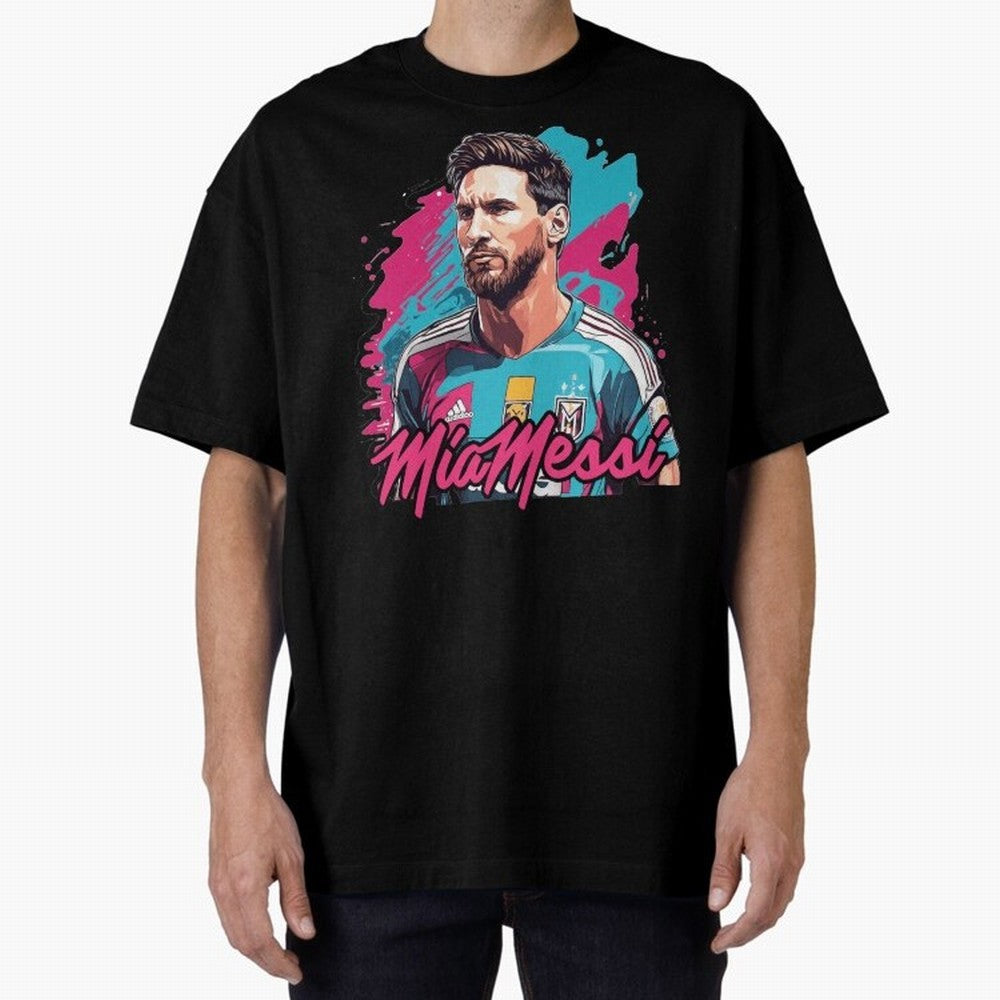 Messi Pop Art Portrait Oversized T-Shirt Support the Legends of Global Football Passion for FIFA World Cup 2026, with Neymar, Haaland and Cristiano Ronaldo, Portugal, Spain and Germany, Football Festival Excitement, Trophy Ambitions, Country
