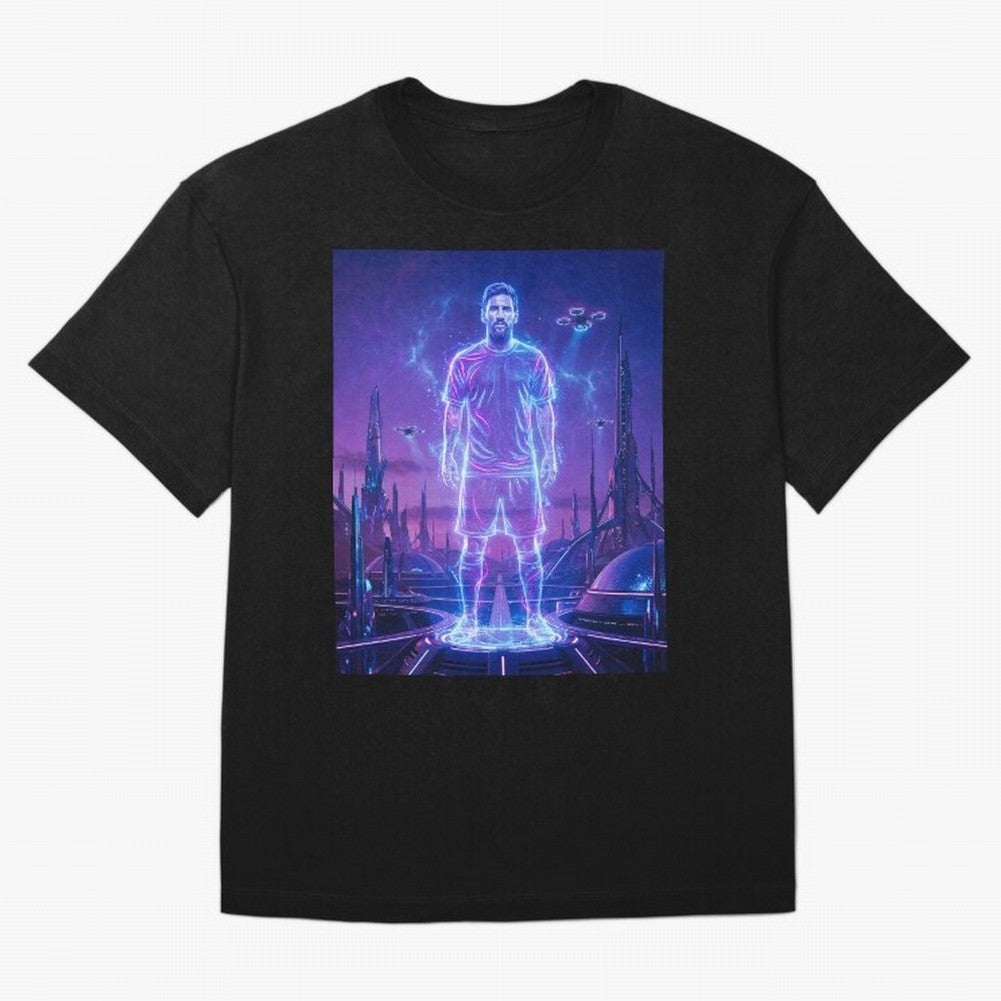 Lionel Messi (GOAT) Hologram in Futuristic Cyberpunk City (Version 4) Classic T-Shirt Represent Football Lovers during FIFA World Cup 2026 Built around Messi, Germany Energy, Tournament Hype, Historic Matchups, Family Viewing Parties and Global