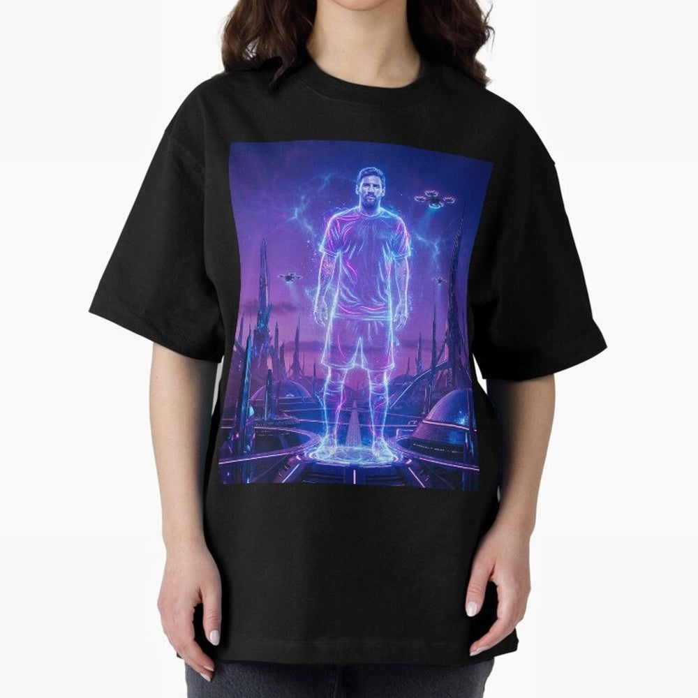 Lionel Messi (GOAT) Hologram in Futuristic Cyberpunk City (Version 4) Classic T-Shirt Represent Football Lovers during FIFA World Cup 2026 Built around Messi, Germany Energy, Tournament Hype, Historic Matchups, Family Viewing Parties and Global