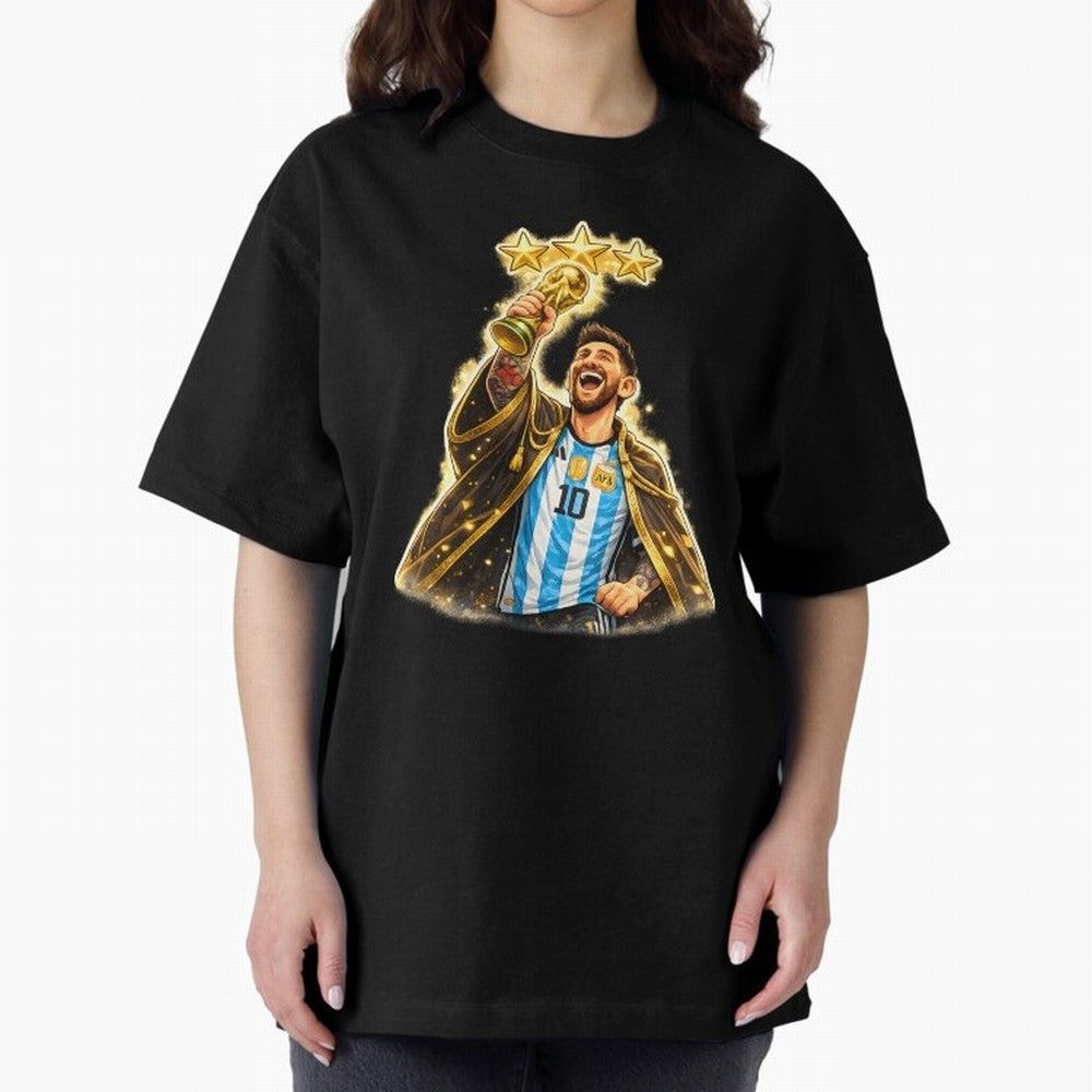 Messi King of Football World Champion ¨C Argentina 3 Stars Trophy Celebration Classic T-Shirt Unlock Global Football Passion for FIFA World Cup 2026 USA Canada Mexico, Driven by Cristiano Ronaldo, Portugal, Spain and Germany, Football Festival