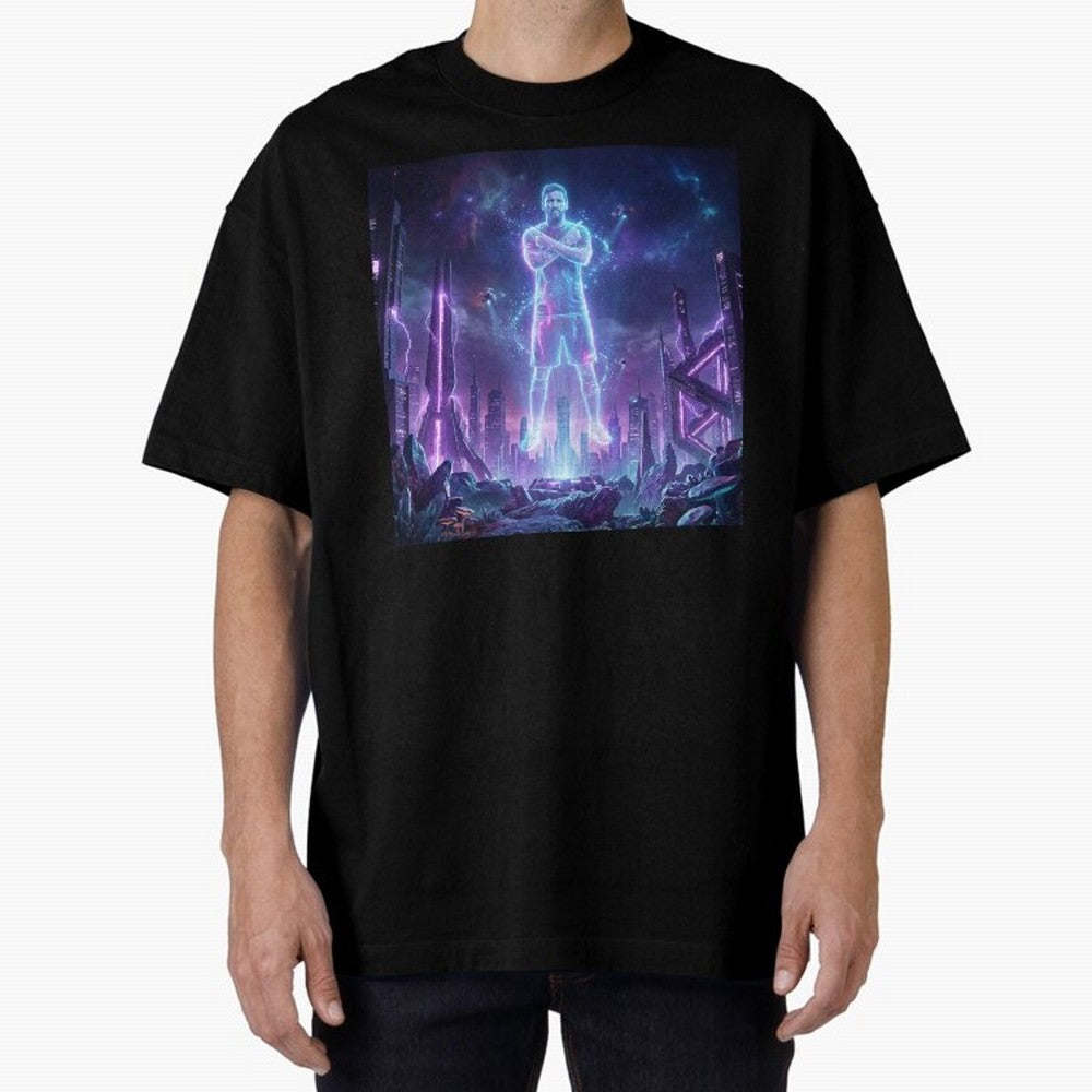 Lionel Messi (GOAT) Hologram in Futuristic Cyberpunk City Classic T-Shirt Show Fan Pride Across Match Day Hype around FIFA World Cup 2026 Group Stage, Messi and Cristiano Ronaldo, Spain and Netherlands, Sports Nostalgia, International Competition,
