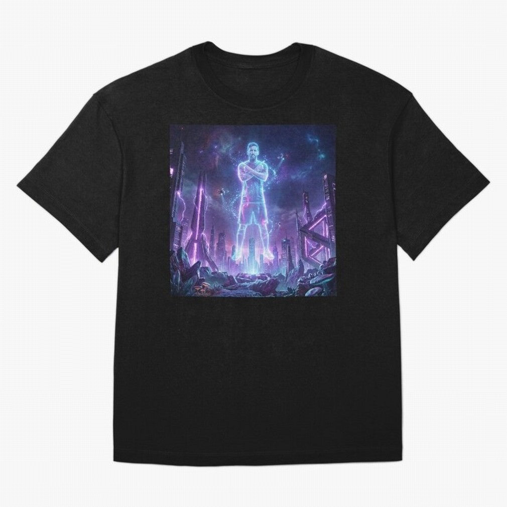 Lionel Messi (GOAT) Hologram in Futuristic Cyberpunk City Classic T-Shirt Show Fan Pride Across Match Day Hype around FIFA World Cup 2026 Group Stage, Messi and Cristiano Ronaldo, Spain and Netherlands, Sports Nostalgia, International Competition,