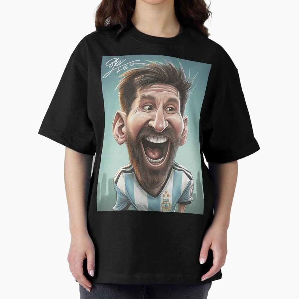 Lionel Messi Caricature Art with Autograph Oversized T-Shirt Spotlight Match Day Hype around FIFA World Cup 2026 Group Stage, Messi, Brazil, Retro Football Energy, Iconic Rivalries, Trophy Chase Drama and Stadium Atmosphere; Built for Supporters