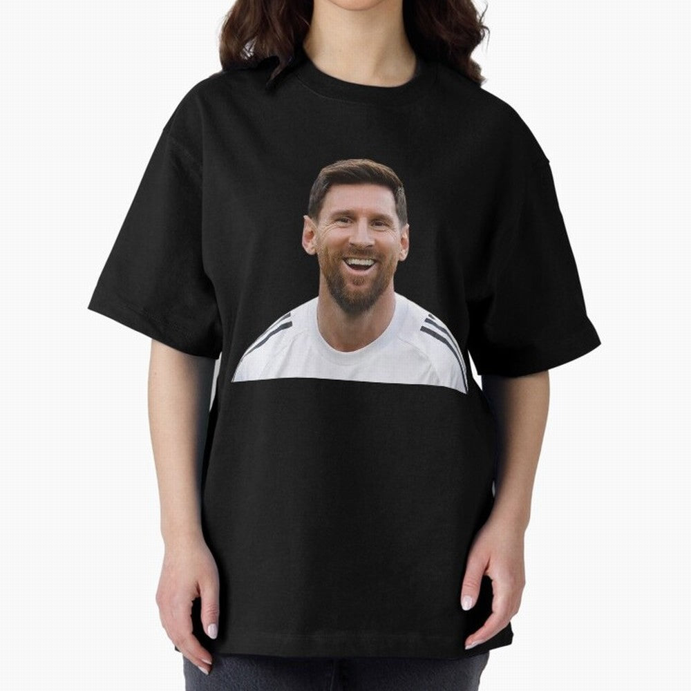 Lionel Messi smiling Oversized T-Shirt Follow FIFA World Cup 2026 Group Stage Spirit, Made for France and Portugal, Cristiano Ronaldo, Championship Spirit, Famous Goals, Roaring Crowds and International Football Unity; Built for Supporters Chasing