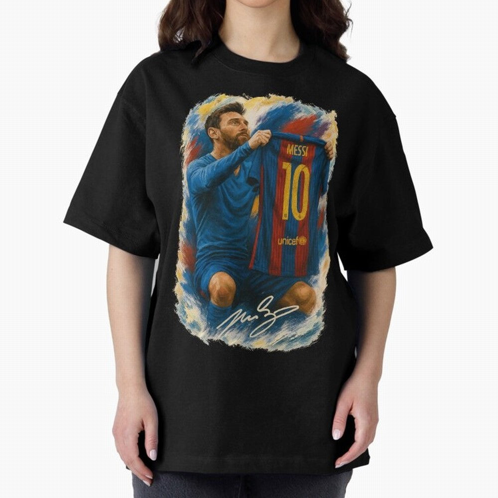 Messi Shirt Celebration Poster ¨C Iconic FC Barcelona Number 10 Artwork Oversized T-Shirt Back the Journey through FIFA World Cup 2026 USA Canada Mexico Made for Cristiano Ronaldo, Haaland and CR7, France Energy, Classic Soccer Heritage,