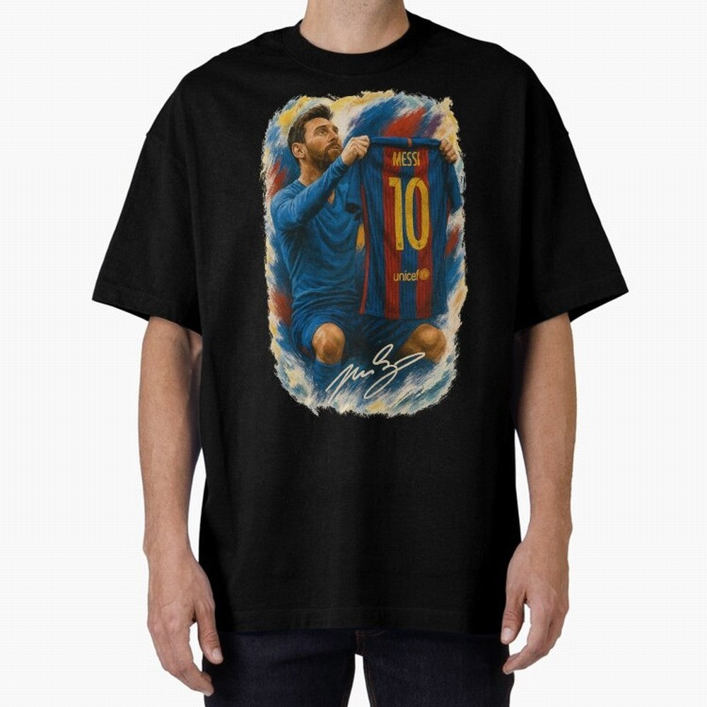 Messi Shirt Celebration Poster ¨C Iconic FC Barcelona Number 10 Artwork Oversized T-Shirt Back the Journey through FIFA World Cup 2026 USA Canada Mexico Made for Cristiano Ronaldo, Haaland and CR7, France Energy, Classic Soccer Heritage,