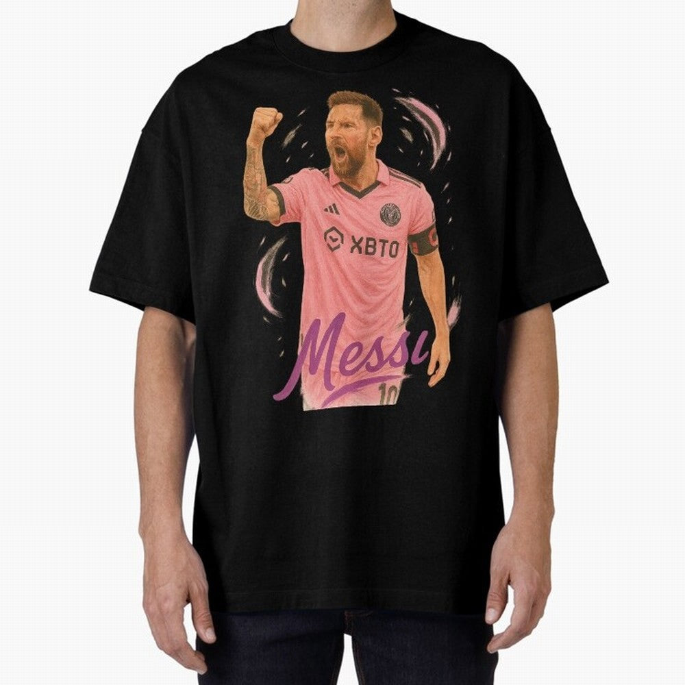 Lionel Messi Inter Miami Art ¨C Pink Jersey Football Icon Tribute	 Oversized T-Shirt Bring Retro Soccer Energy to FIFA World Cup 2026 for Fans of Cristiano Ronaldo and Brazil, Portugal and Argentina, Bringing Classic Soccer Heritage, Championship