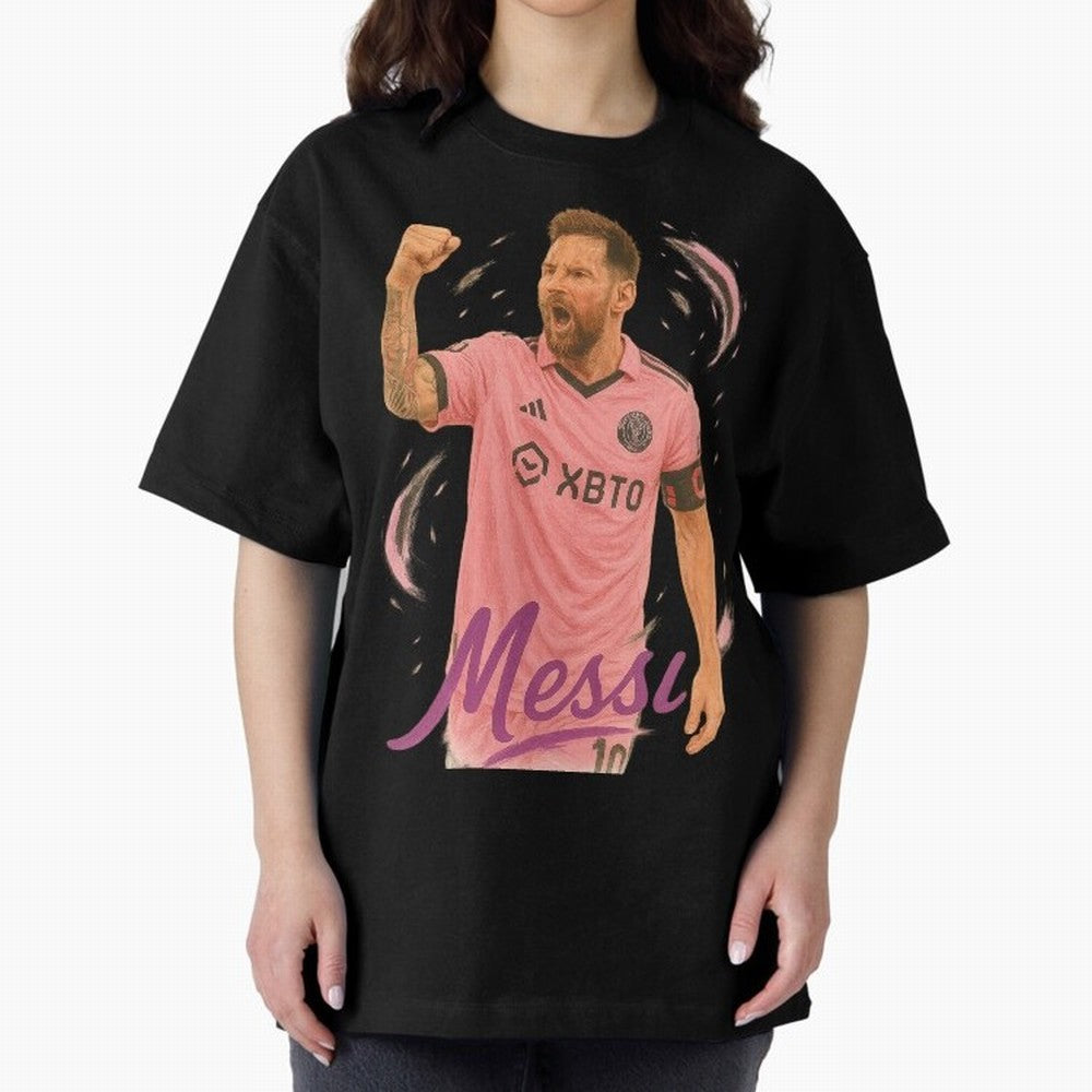 Lionel Messi Inter Miami Art ¨C Pink Jersey Football Icon Tribute	 Oversized T-Shirt Bring Retro Soccer Energy to FIFA World Cup 2026 for Fans of Cristiano Ronaldo and Brazil, Portugal and Argentina, Bringing Classic Soccer Heritage, Championship