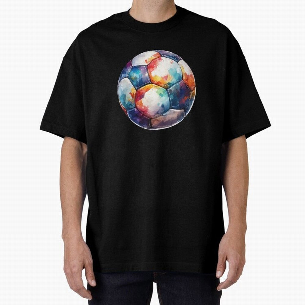 Football Soccer Ball Watercolor Illustration Drawing (Black BG) Oversized T-Shirt Carry the Dream of FIFA World Cup 2026 Group Stage Spirit, with Germany, Neymar, Championship Spirit, Famous Goals, Roaring Crowds and International Football Unity;