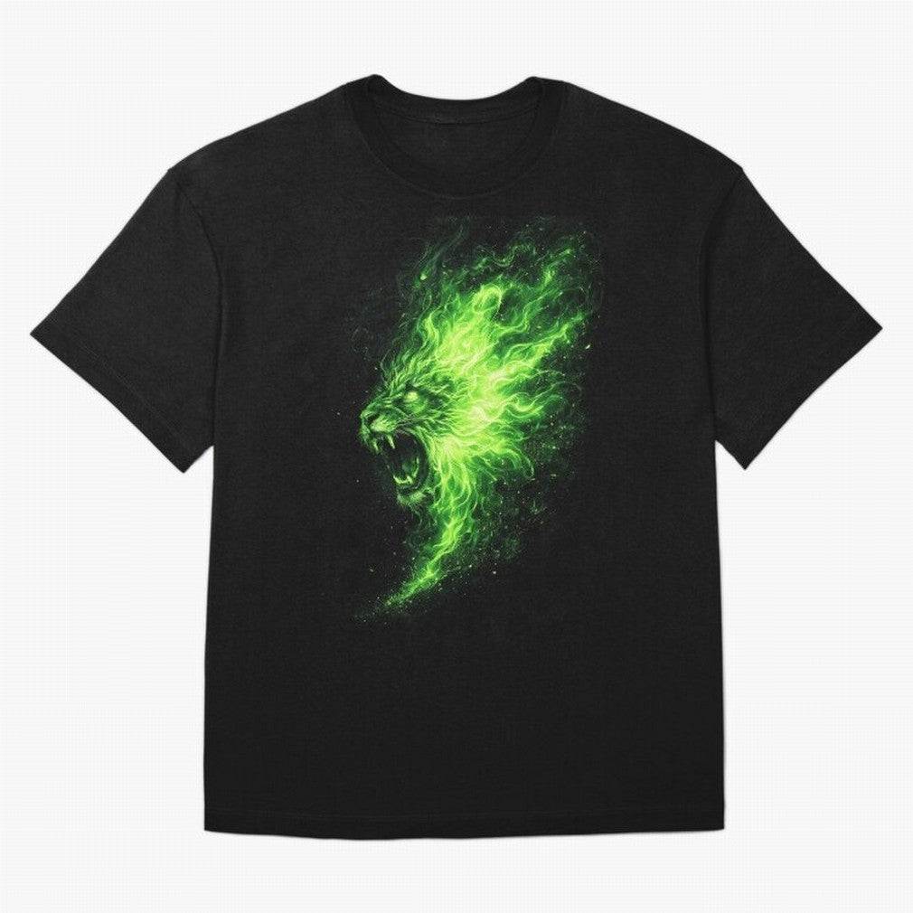 Neon Green Flame Lion ¨C Glowing Fire Roar Beast Graphic | Dark Aesthetic Streetwear Design Graphic T-Shirt Cheer through Every Moment of FIFA World Cup 2026 USA Canada Mexico for Fans of Neymar and Argentina, Bringing Match Day Excitement,