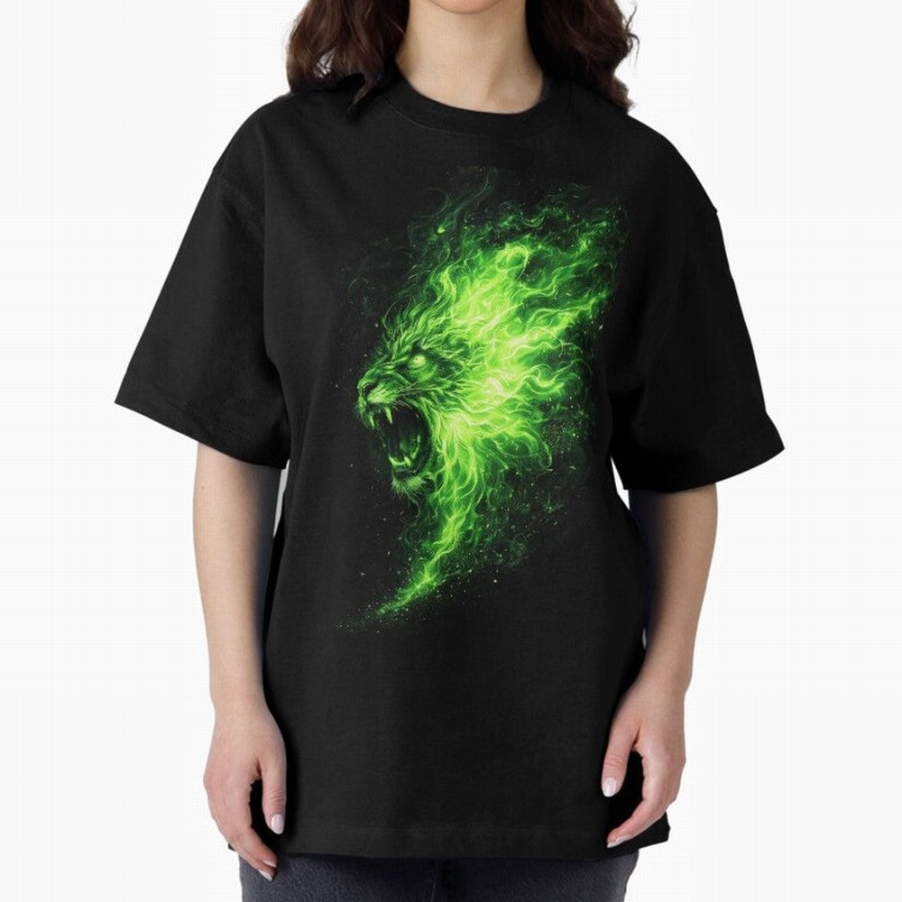 Neon Green Flame Lion ¨C Glowing Fire Roar Beast Graphic | Dark Aesthetic Streetwear Design Graphic T-Shirt Cheer through Every Moment of FIFA World Cup 2026 USA Canada Mexico for Fans of Neymar and Argentina, Bringing Match Day Excitement,