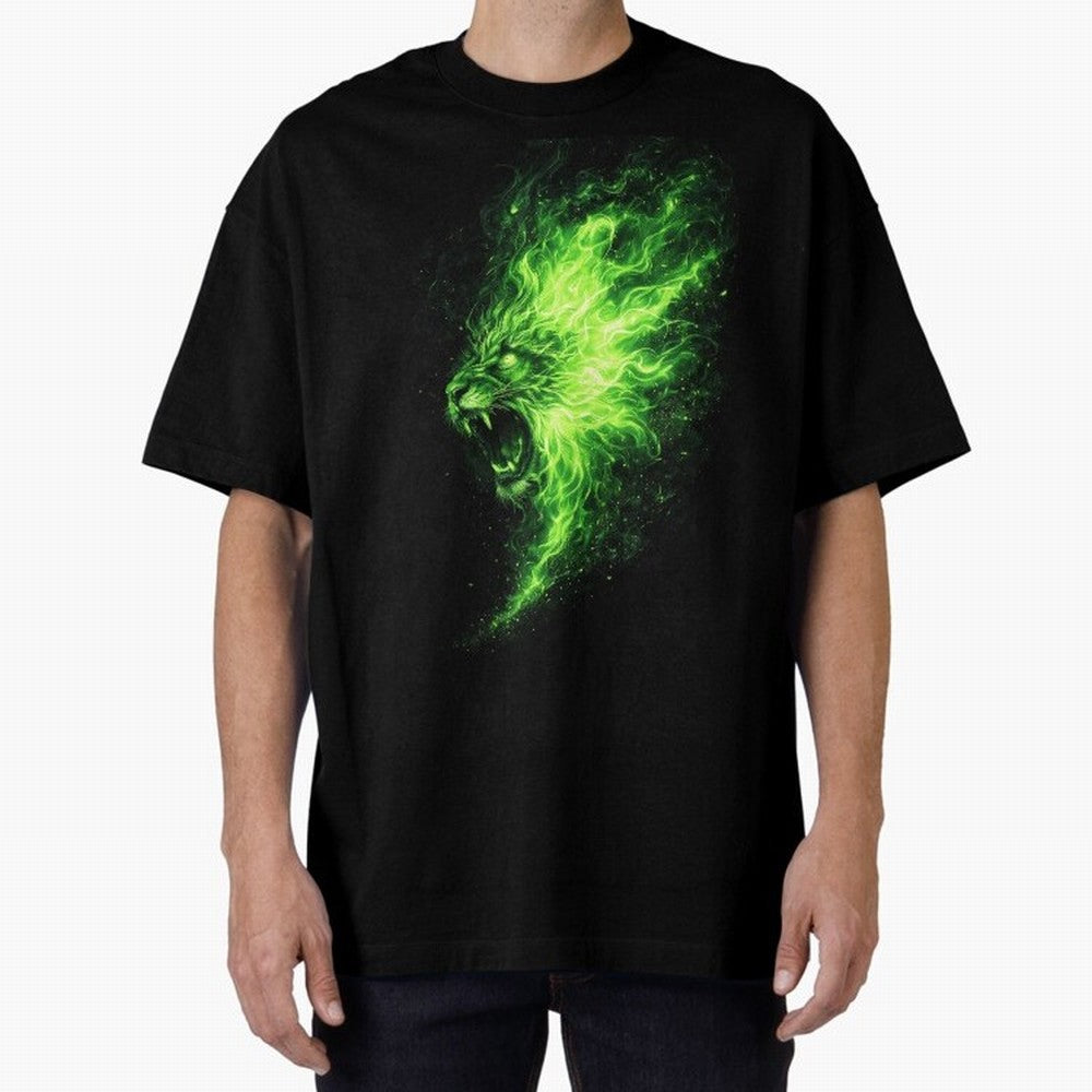 Neon Green Flame Lion ¨C Glowing Fire Roar Beast Graphic | Dark Aesthetic Streetwear Design Graphic T-Shirt Cheer through Every Moment of FIFA World Cup 2026 USA Canada Mexico for Fans of Neymar and Argentina, Bringing Match Day Excitement,