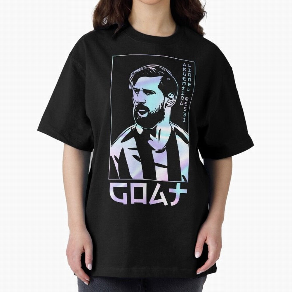 Lionel Messi Holographic Style Portrait art illustration Premium T-Shirt Celebrate Every Goal in the FIFA World Cup 2026 Journey through Cristiano Ronaldo Highlights, France and Portugal Pride, Stadium Chants, National Pride, Trophy Dreams and
