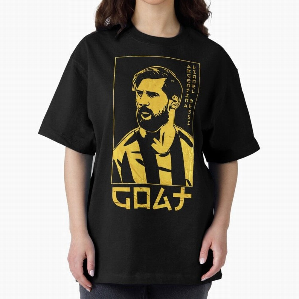 Lionel Messi Golden Style Portrait art illustration Premium T-Shirt Relive Global Football Passion for FIFA World Cup 2026, Capturing Cristiano Ronaldo, Spain and Netherlands, Retro Football Energy, Iconic Rivalries, Trophy Chase Drama and Stadium