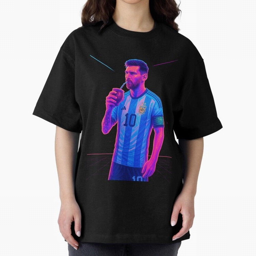 Messi The Goat Art Neon Synthwave Cyberpunk ¨C Retro Futuristic Classic T-Shirt Show Your Stadium Side during Match Day Hype around FIFA World Cup 2026 USA Canada Mexico, Messi and Cristiano Ronaldo, Brazil, Football Festival Excitement, Trophy