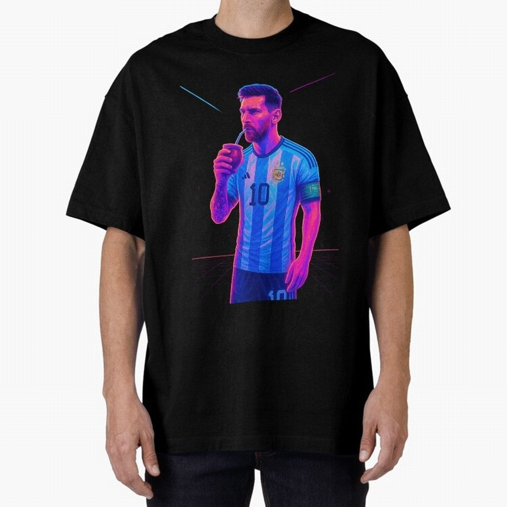 Messi The Goat Art Neon Synthwave Cyberpunk ¨C Retro Futuristic Classic T-Shirt Show Your Stadium Side during Match Day Hype around FIFA World Cup 2026 USA Canada Mexico, Messi and Cristiano Ronaldo, Brazil, Football Festival Excitement, Trophy