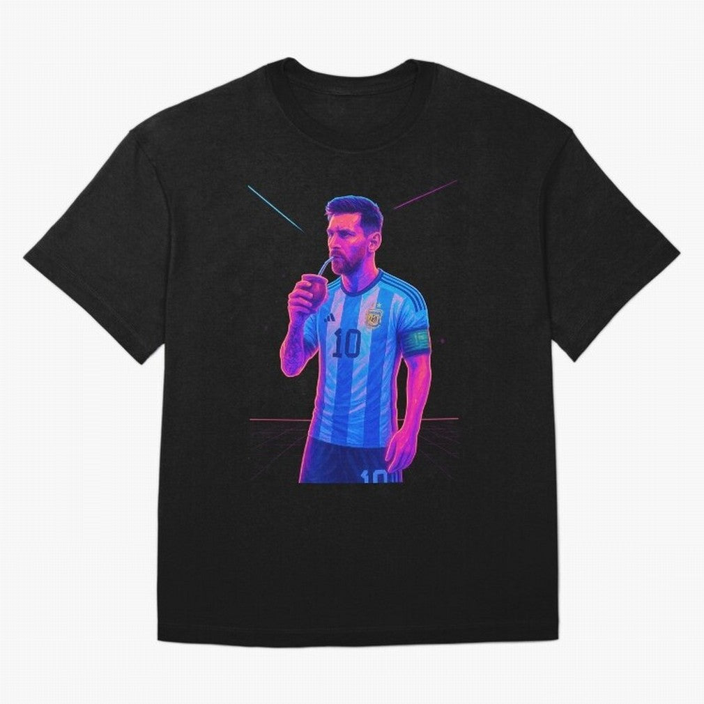 Messi The Goat Art Neon Synthwave Cyberpunk ¨C Retro Futuristic Classic T-Shirt Show Your Stadium Side during Match Day Hype around FIFA World Cup 2026 USA Canada Mexico, Messi and Cristiano Ronaldo, Brazil, Football Festival Excitement, Trophy