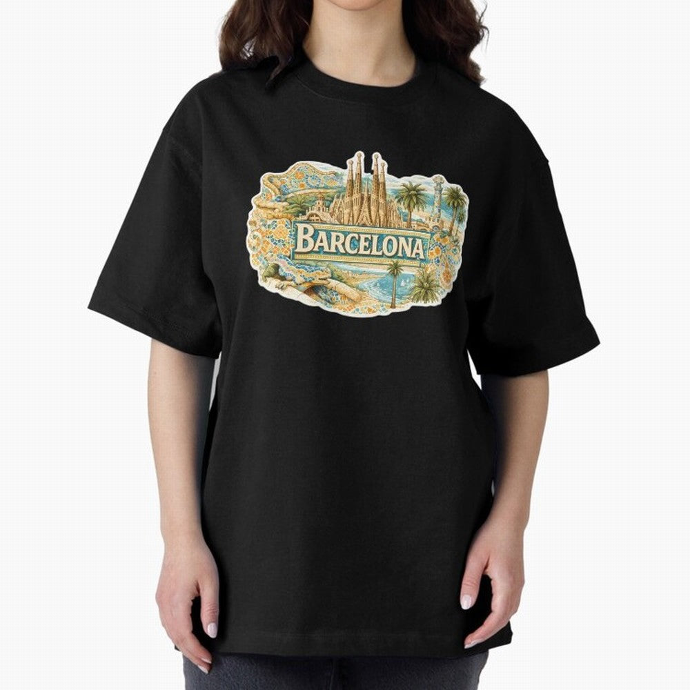 Barcelona Souvenir Sagrada Familia and Mosaic Design Oversized T-Shirt Bring Bold Fan Energy to Match Day Hype around FIFA World Cup 2026, Messi, Netherlands, Football Festival Excitement, Trophy Ambitions, Country Rivalries and Star Player Buzz;