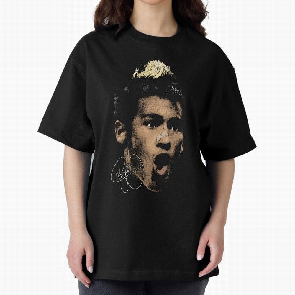 Young Neymar Illustration Oversized T-Shirt Honor Football Greatness during the FIFA World Cup 2026 Journey through Haaland and Mbappe Highlights, Portugal Pride, Fan Favorite Moments, National Team Passion, Big Match Drama and Soccer History;