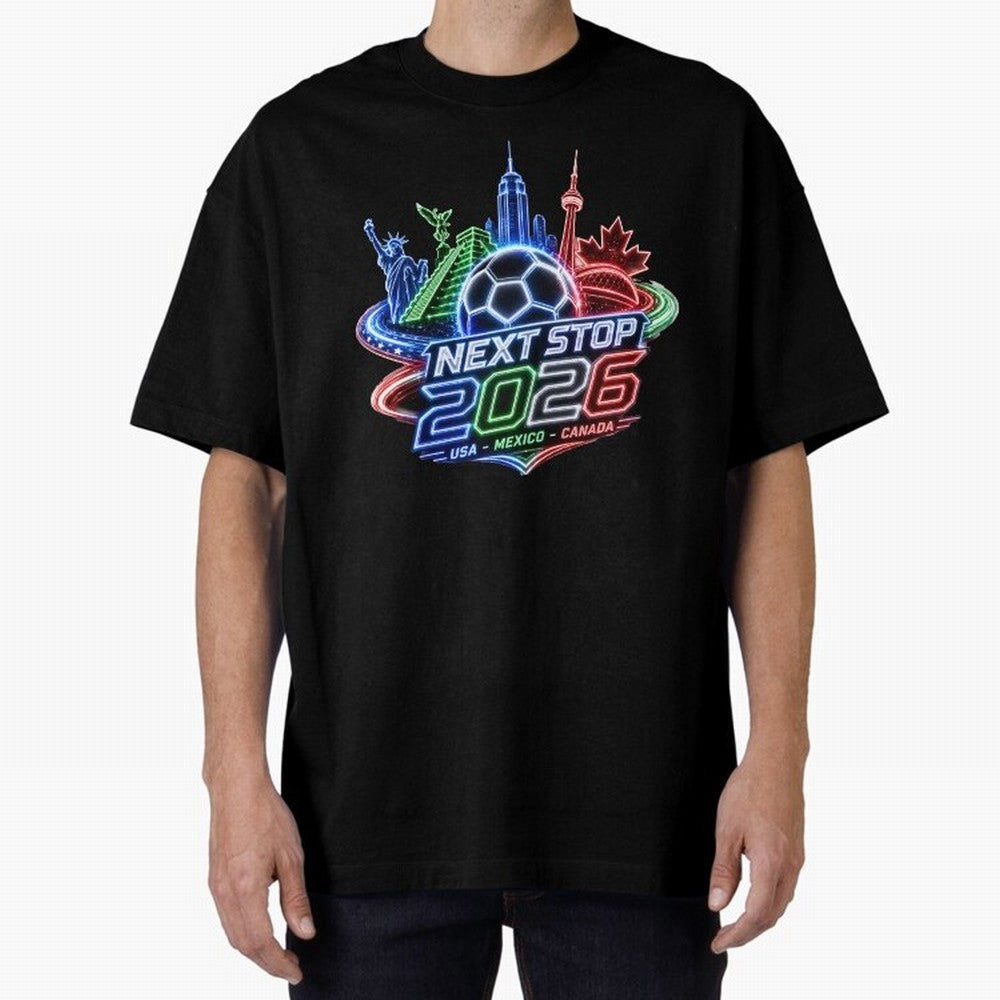 Next Stop 2026 USA Mexico Canada Neon Soccer Emblem Classic T-Shirt Follow the Final Road of Global Football Passion for FIFA World Cup 2026 Group Stage, Built around Haaland, Brazil, Vintage Soccer Flavor, Modern Football Stars, National Flags and