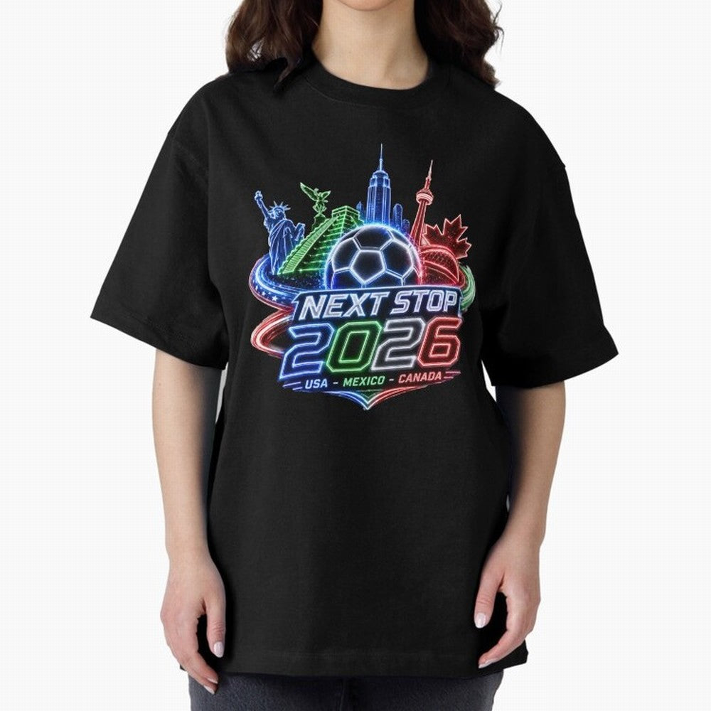Next Stop 2026 USA Mexico Canada Neon Soccer Emblem Classic T-Shirt Follow the Final Road of Global Football Passion for FIFA World Cup 2026 Group Stage, Built around Haaland, Brazil, Vintage Soccer Flavor, Modern Football Stars, National Flags and