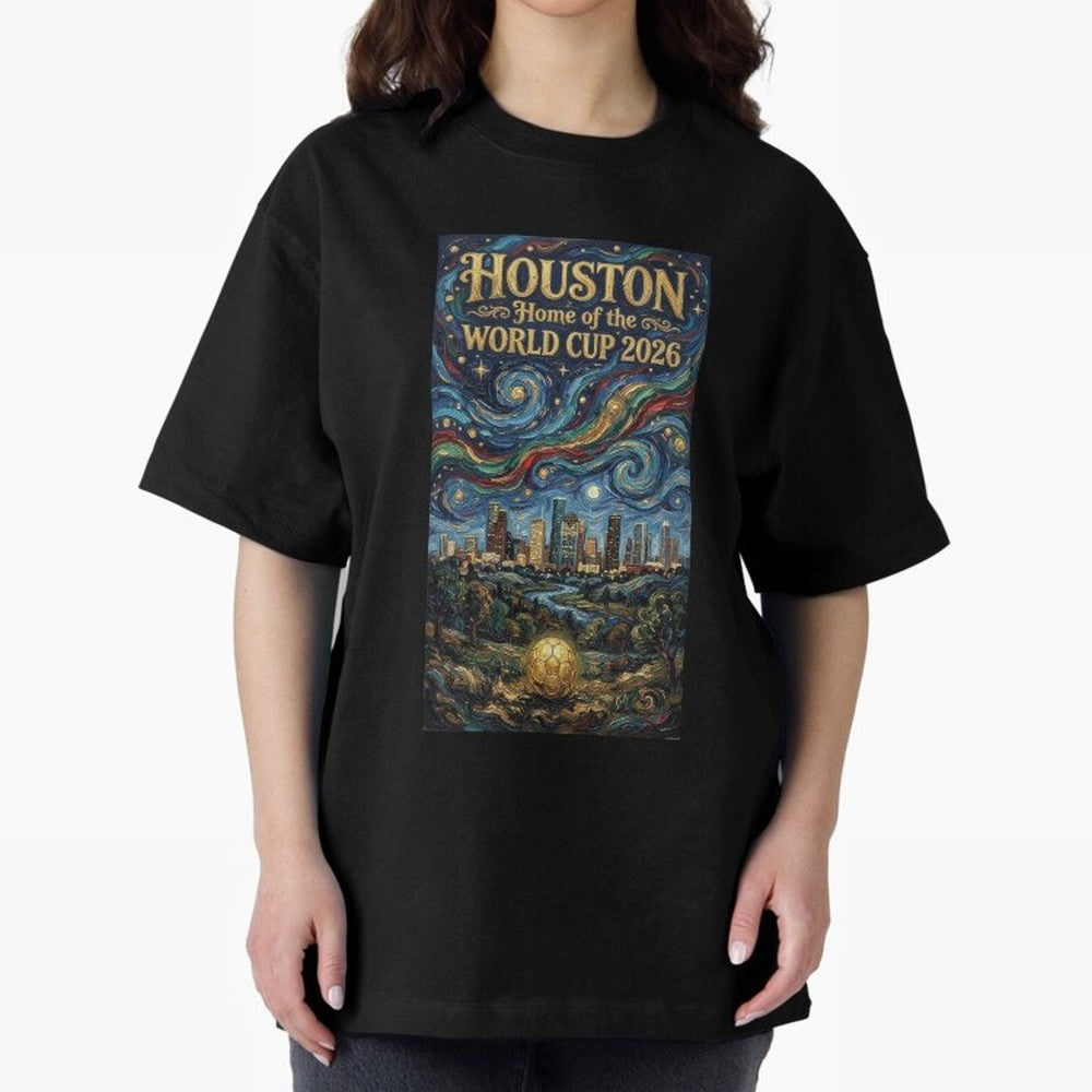 Houston Starry Night Skyline World Cup 2026 Soccer Poster ¡ª Van Gogh Fine Art Print Classic T-Shirt Celebrate Classic Football Spirit in Global Football Passion for FIFA World Cup 2026 USA Canada Mexico, Featuring Messi and Cristiano Ronaldo,