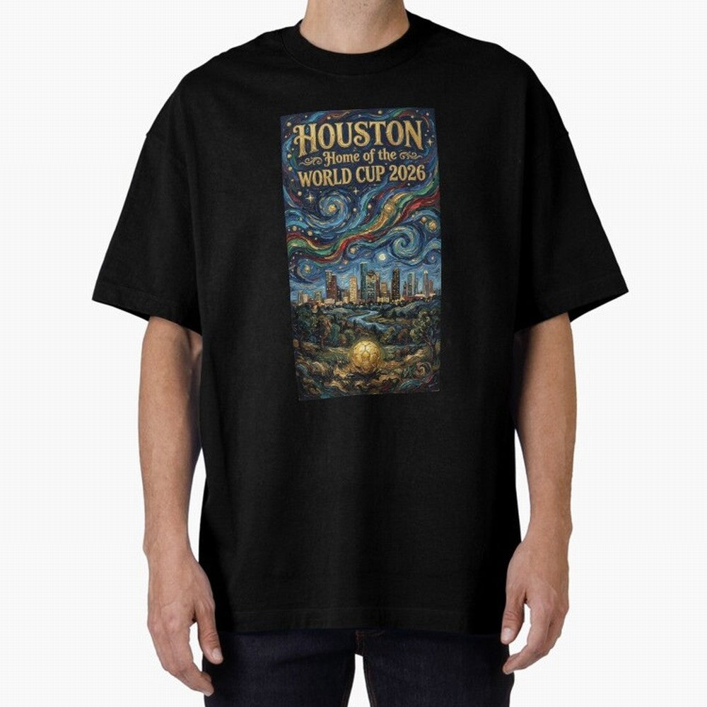 Houston Starry Night Skyline World Cup 2026 Soccer Poster ¡ª Van Gogh Fine Art Print Classic T-Shirt Celebrate Classic Football Spirit in Global Football Passion for FIFA World Cup 2026 USA Canada Mexico, Featuring Messi and Cristiano Ronaldo,