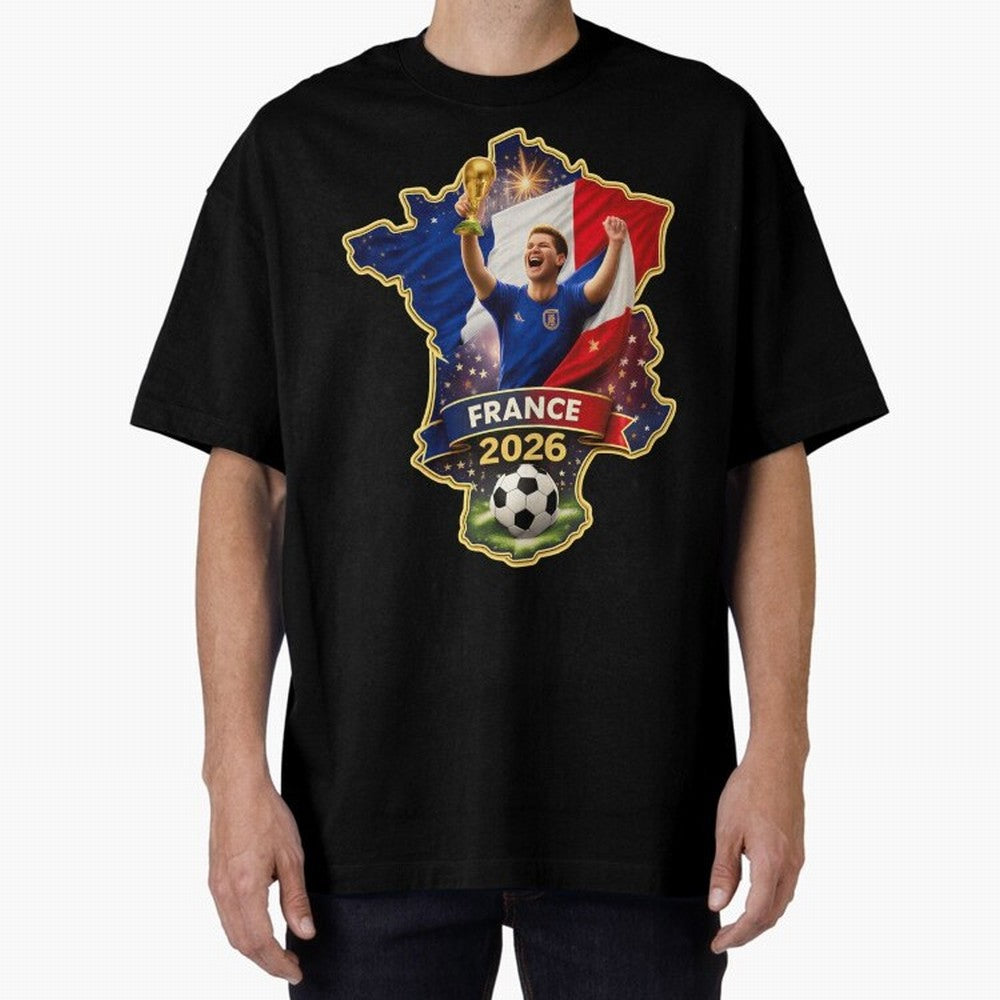 France Map Silhouette 2026 Football Victory Graphic Classic T-Shirt Represent the Passion of Global Football Passion for FIFA World Cup 2026, with Messi, CR7 and Mbappe, Brazil, Vintage Soccer Flavor, Modern Football Stars, National Flags and Final