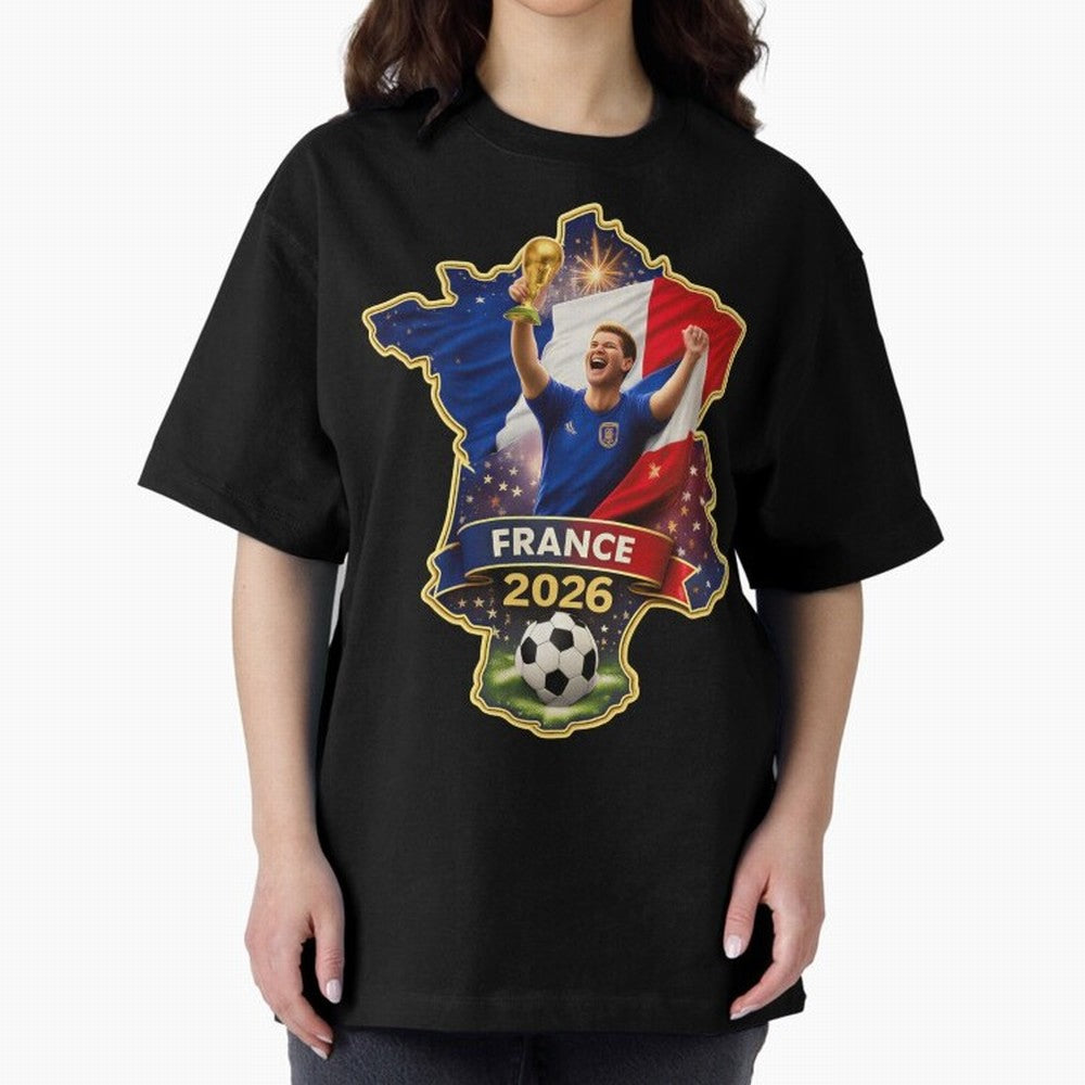France Map Silhouette 2026 Football Victory Graphic Classic T-Shirt Represent the Passion of Global Football Passion for FIFA World Cup 2026, with Messi, CR7 and Mbappe, Brazil, Vintage Soccer Flavor, Modern Football Stars, National Flags and Final