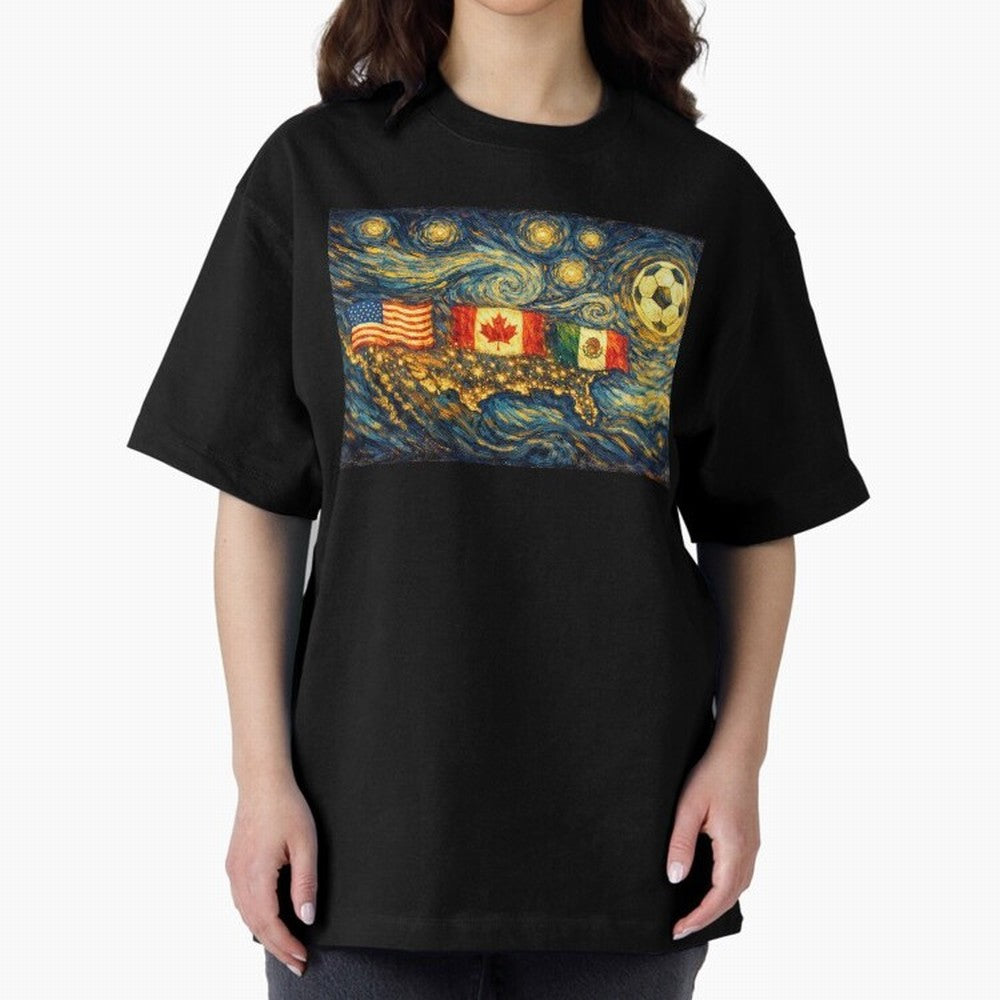 North America Soccer Starry Night Dreamy and Swirls Inspired from Van Gogh Classic T-Shirt Show Your Love for FIFA World Cup 2026 Spirit, with Germany, Messi, CR7 and Mbappe, Match Day Excitement, Supporter Culture, Golden Goals and Global Football