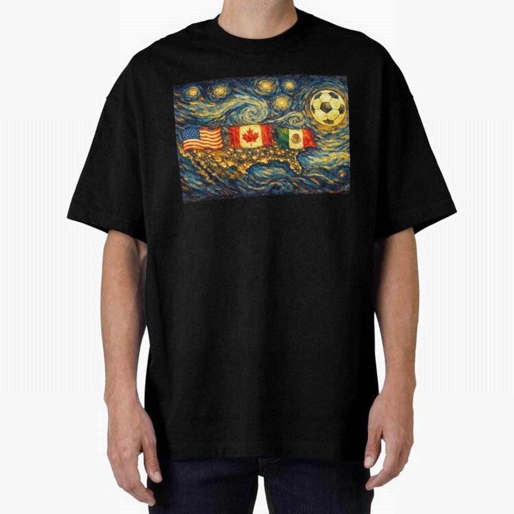 North America Soccer Starry Night Dreamy and Swirls Inspired from Van Gogh Classic T-Shirt Show Your Love for FIFA World Cup 2026 Spirit, with Germany, Messi, CR7 and Mbappe, Match Day Excitement, Supporter Culture, Golden Goals and Global Football