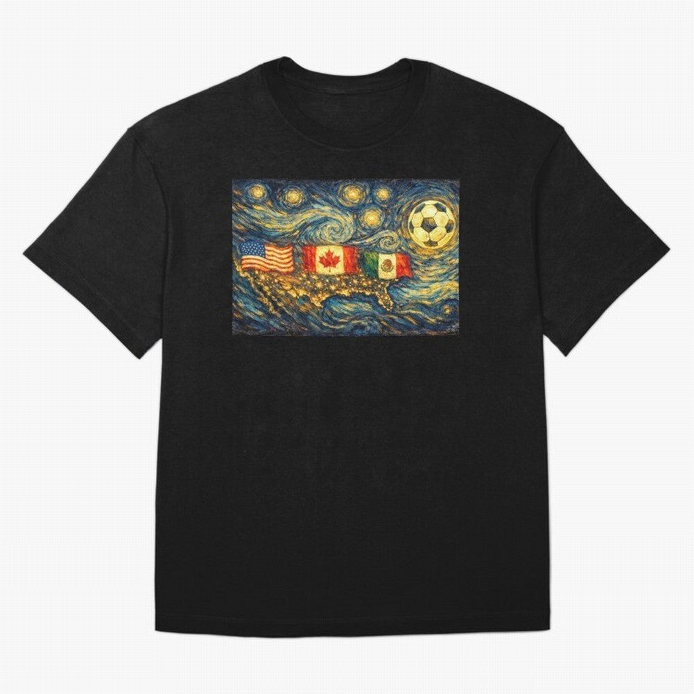 North America Soccer Starry Night Dreamy and Swirls Inspired from Van Gogh Classic T-Shirt Show Your Love for FIFA World Cup 2026 Spirit, with Germany, Messi, CR7 and Mbappe, Match Day Excitement, Supporter Culture, Golden Goals and Global Football