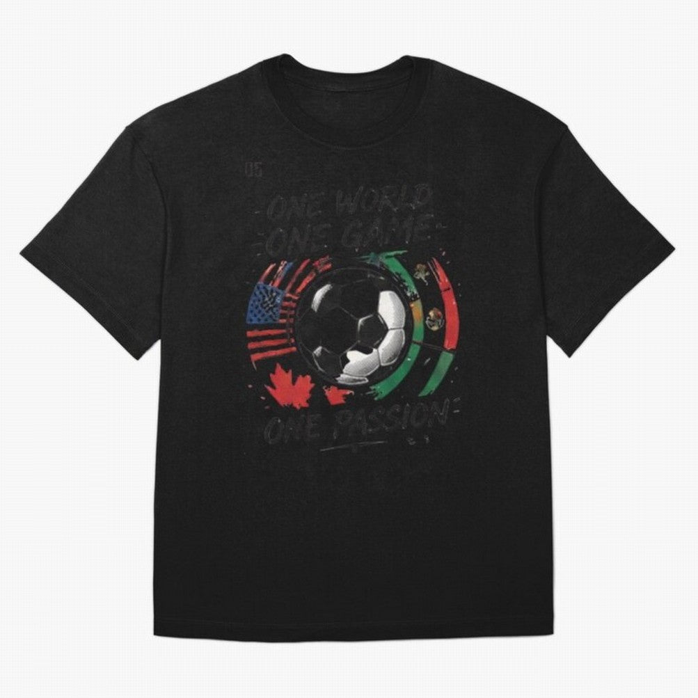 One World One Game Football Graphic Tee Classic T-Shirt Feel International Energy from Global Football Passion for FIFA World Cup 2026 USA Canada Mexico, Capturing Mbappe, Spain and Netherlands, Champion Mindset, Group Stage Buzz, Knockout Tension