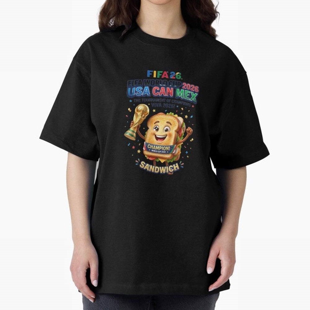 Cartoon Sandwich Champion Holding 2026 World Cup Trophy Classic T-Shirt Capture Stadium Memories from FIFA World Cup 2026 USA Canada Mexico for Fans of Messi, Neymar and Mbappe and Germany, Bringing Global Supporter Spirit, Legendary Goals,