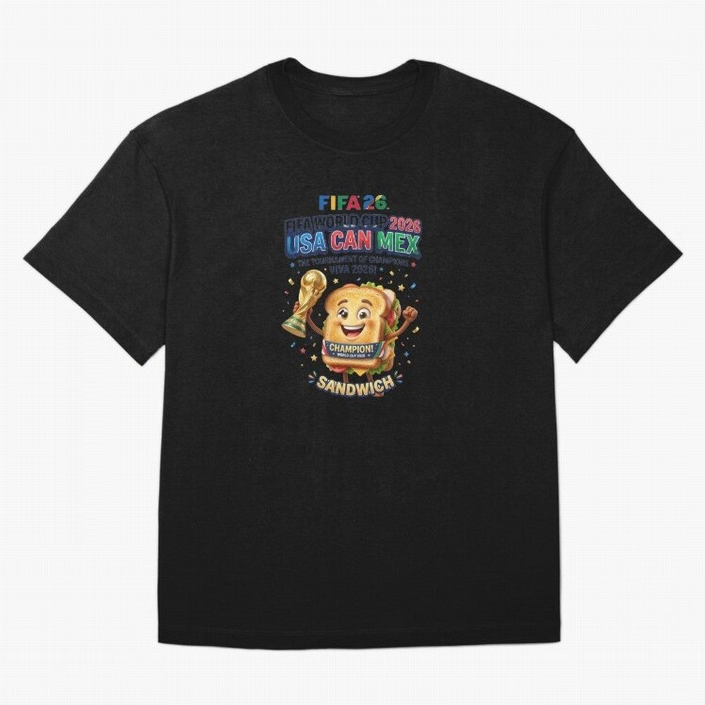 Cartoon Sandwich Champion Holding 2026 World Cup Trophy Classic T-Shirt Capture Stadium Memories from FIFA World Cup 2026 USA Canada Mexico for Fans of Messi, Neymar and Mbappe and Germany, Bringing Global Supporter Spirit, Legendary Goals,