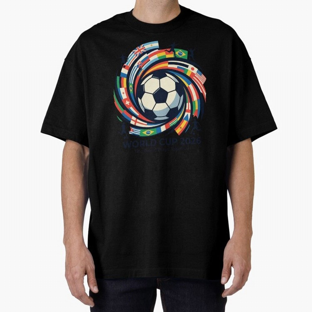 2D World Cup 2026 Football Spiral Flag Design T-Shirt Oversized T-Shirt Celebrate FIFA World Cup 2026 for Fans of Messi and England and Germany, Bringing Football Festival Excitement, Trophy Ambitions, Country Rivalries and Star Player Buzz;