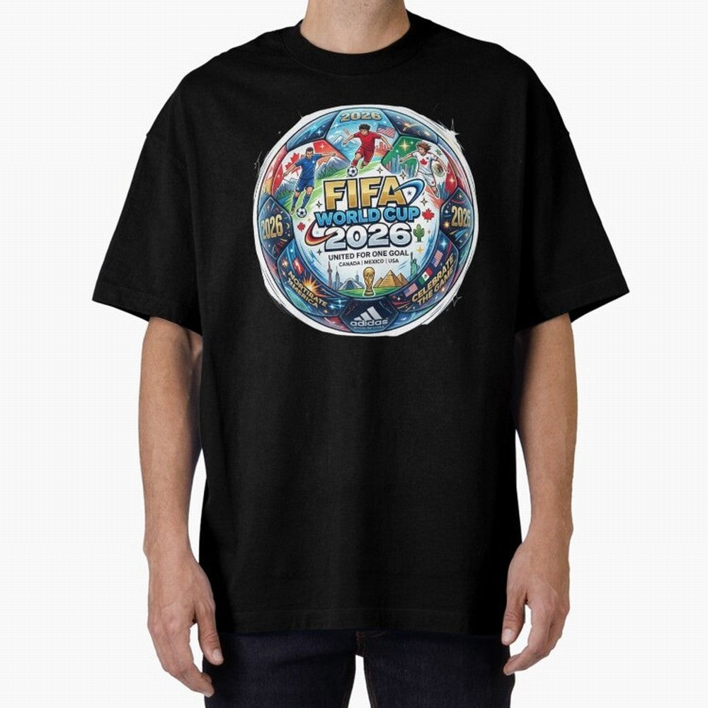 FIFA World Cup 2026 Official Match Ball Concept Art - Canada Mexico USA Oversized T-Shirt Fuel Your Fan Pride for FIFA World Cup 2026 Group Stage Highlighting Messi and Cristiano Ronaldo, Portugal Energy, Football Passion, Legendary Performances,