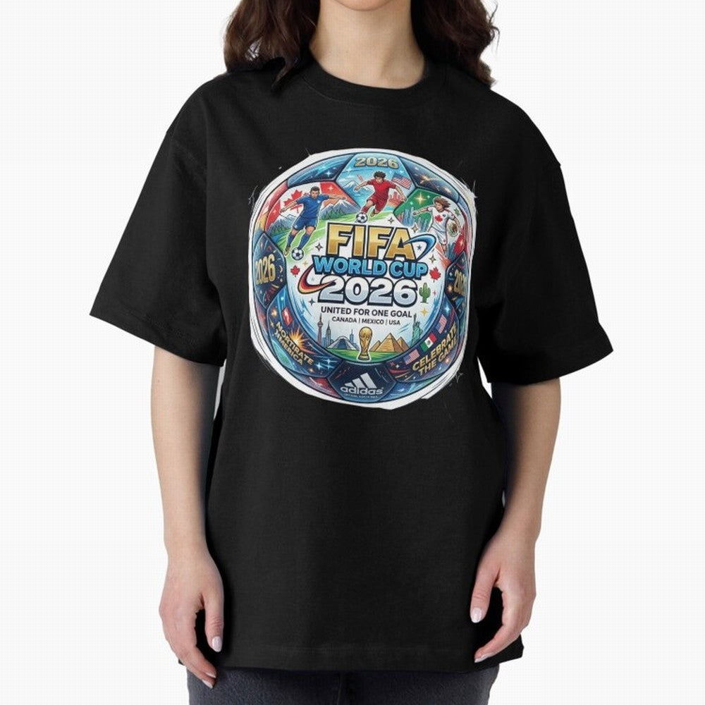 FIFA World Cup 2026 Official Match Ball Concept Art - Canada Mexico USA Oversized T-Shirt Fuel Your Fan Pride for FIFA World Cup 2026 Group Stage Highlighting Messi and Cristiano Ronaldo, Portugal Energy, Football Passion, Legendary Performances,