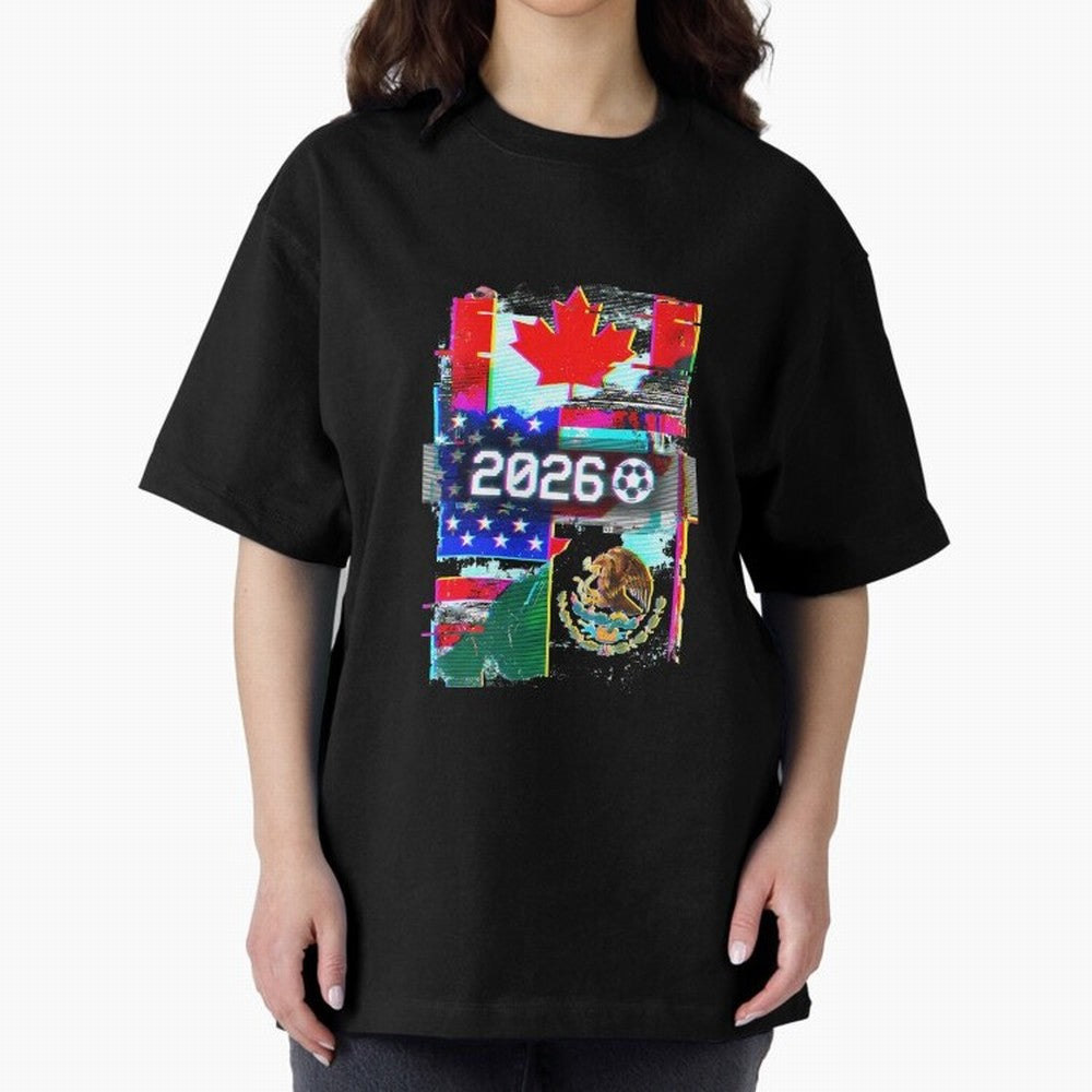 Glitched United 2026 - North America Tournament Emblem Oversized T-Shirt Celebrate the Next Chapter of Match Day Hype around FIFA World Cup 2026 Group Stage, Cristiano Ronaldo, Haaland and CR7, Argentina and Brazil, Goal Celebration Energy,