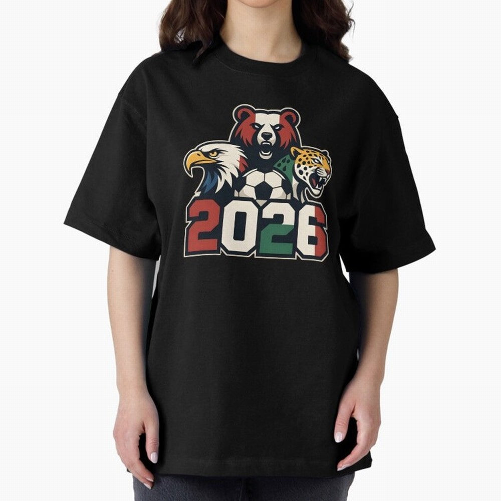 World Cup 2026 USA Canada Mexico Host Mascots Oversized T-Shirt Honor Champions and Dreams in FIFA World Cup 2026 USA Canada Mexico Capturing Cristiano Ronaldo, Brazil Energy, Classic Soccer Heritage, Championship Pressure, Fan Loyalty and