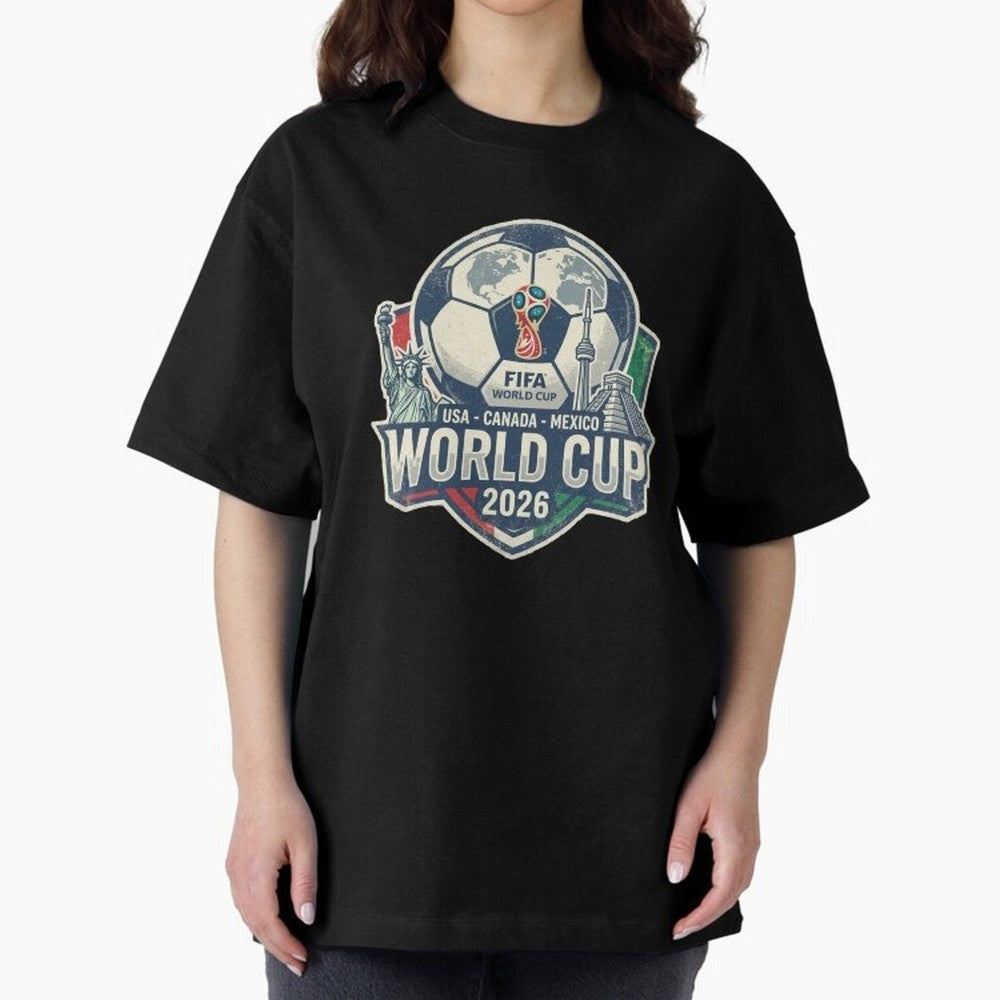North America United Soccer 2026 Vintage Crest Oversized T-Shirt Celebrate Unforgettable Nights in Global Football Passion for FIFA World Cup 2026, Capturing Neymar, Haaland and Cristiano Ronaldo, Spain and Netherlands, Football Festival