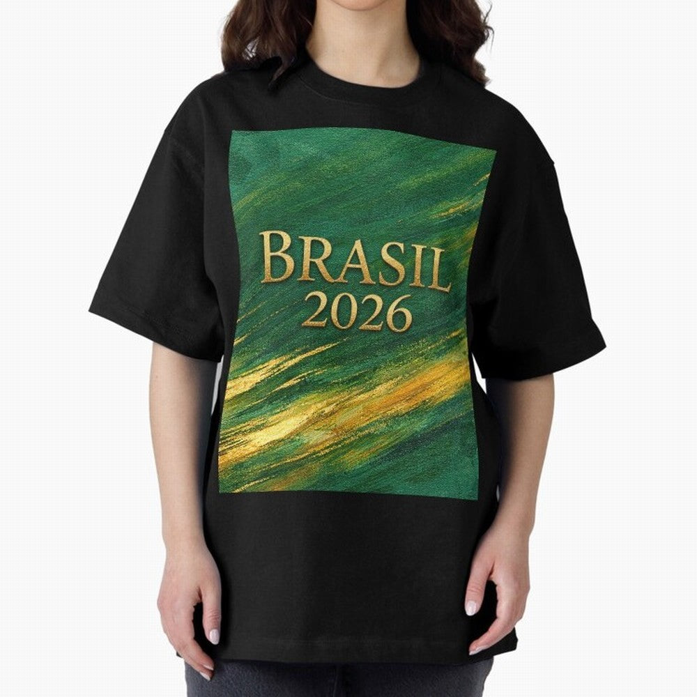 Brasil 2026 Gold Soccer Theme Oversized T-Shirt Upgrade Match Day Hype around FIFA World Cup 2026 USA Canada Mexico, Neymar, Haaland and Cristiano Ronaldo, Argentina, Worldwide Fan Energy, Dramatic Goals, Stadium Lights and Championship