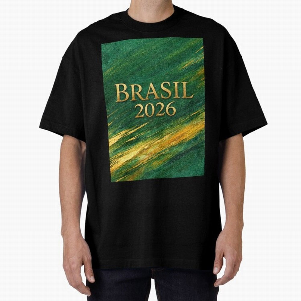 Brasil 2026 Gold Soccer Theme Oversized T-Shirt Upgrade Match Day Hype around FIFA World Cup 2026 USA Canada Mexico, Neymar, Haaland and Cristiano Ronaldo, Argentina, Worldwide Fan Energy, Dramatic Goals, Stadium Lights and Championship