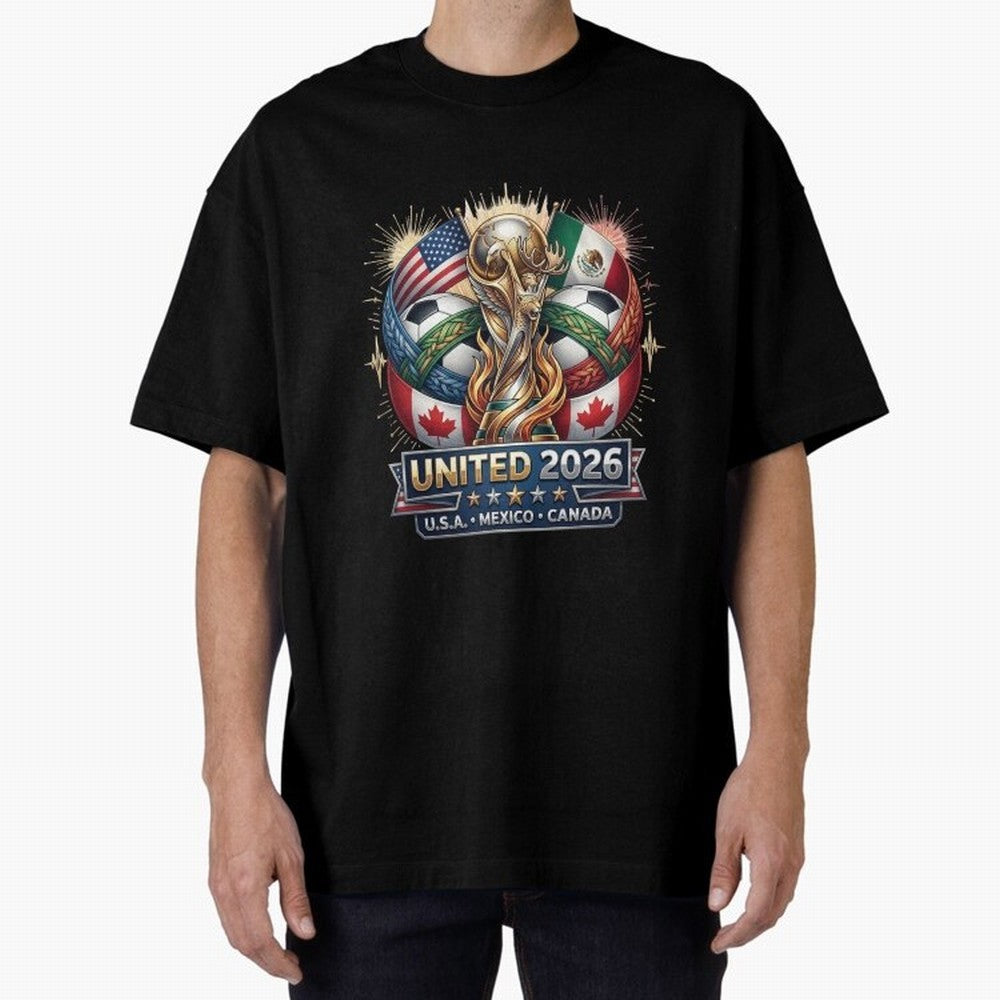 United 2026 Soccer Nations Trophy - USA Mexico Canada Mascot Art Oversized T-Shirt Follow FIFA World Cup 2026 USA Canada Mexico Spirit, Filled with England and Germany, CR7 and Messi, Vintage Soccer Flavor, Modern Football Stars, National Flags and